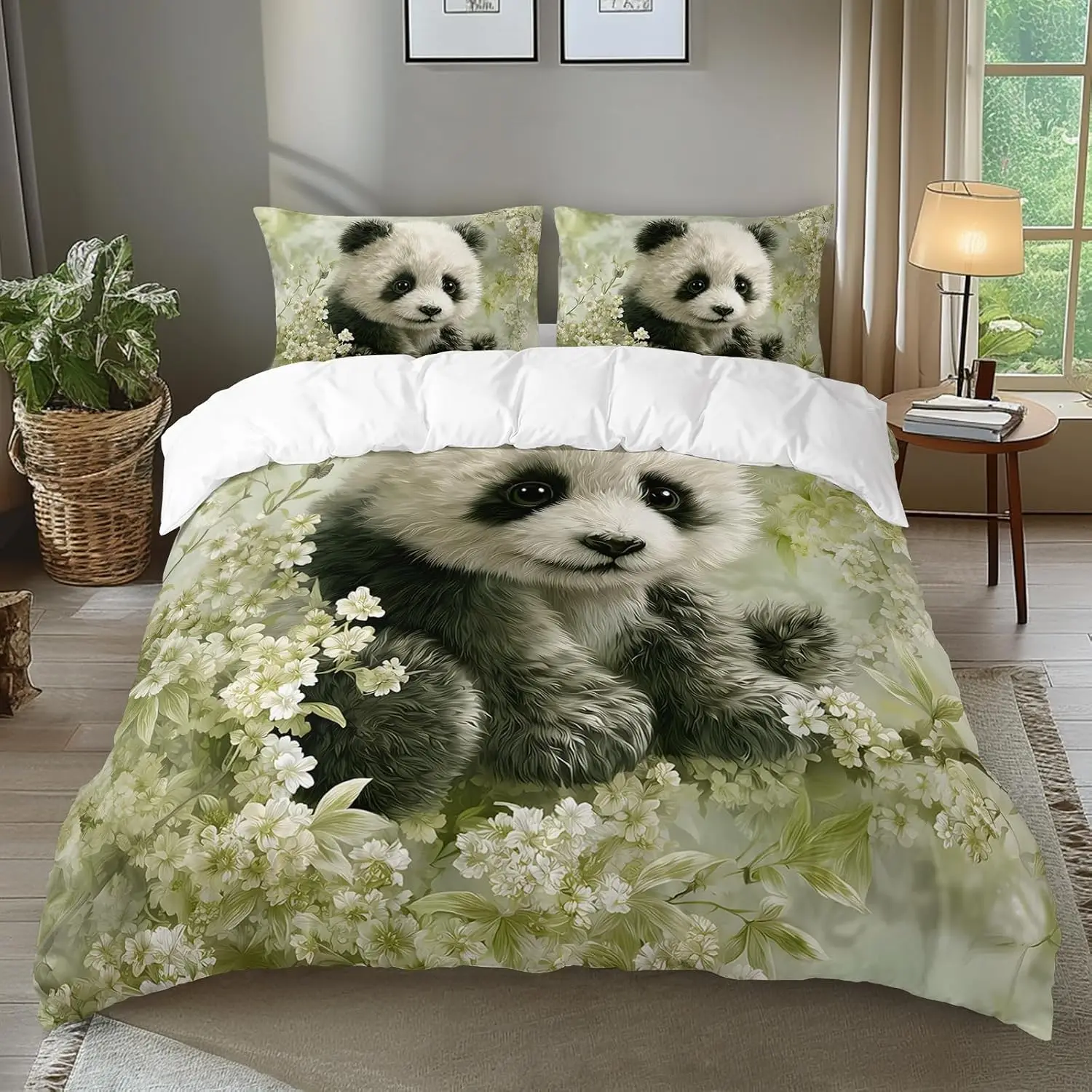 Kawaii Panda Duvet Cover Set Full Queen King Size Black White Animal Panda Comforter Cover Botanical Bamboo Flowers Bedding Set