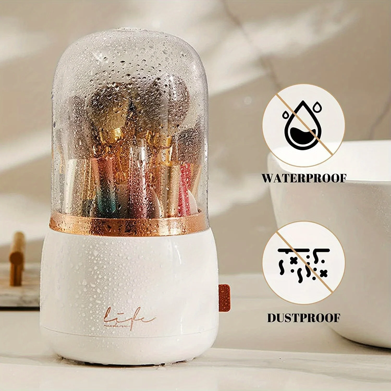 

360 ° Вращающийся держатель кистей для макияжа - пылезащитный водонепроницаемый футляр для хранения с прозрачной крышкой, косметический органайзер для ванной комнаты B