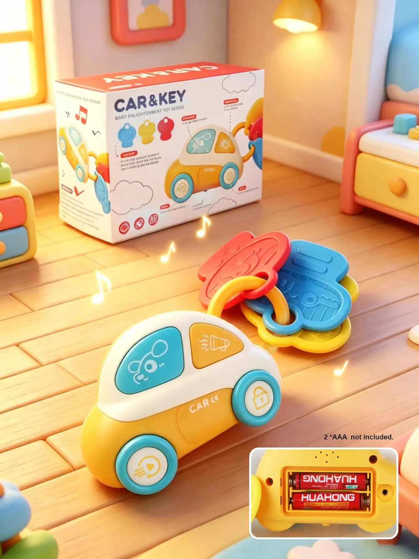 Baby Car Key Rattle Toy with Sound & Flashing Light, Infant Teething Silicone Key, Multifunctional Early Educational Toy