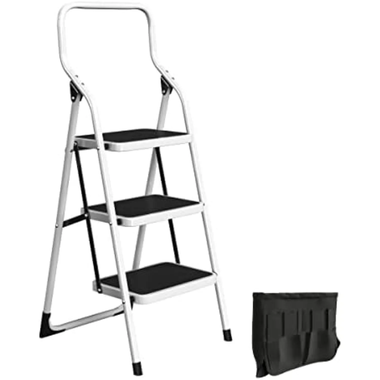 3 Step Ladder Folding Step Stool Ladder for Adults with Handrails and Tool Bag - 330lb Capacity Nonslip Steel Frame