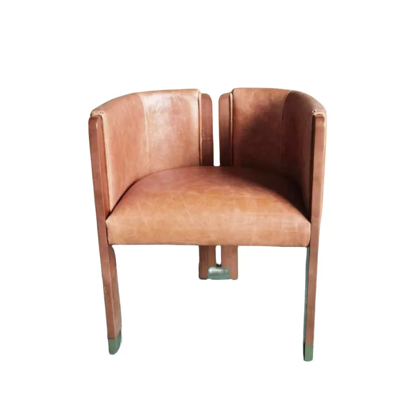 Antique first-layer cowhide chair Solid wood full leather single sofa chair Casual home cafe restaurant chair