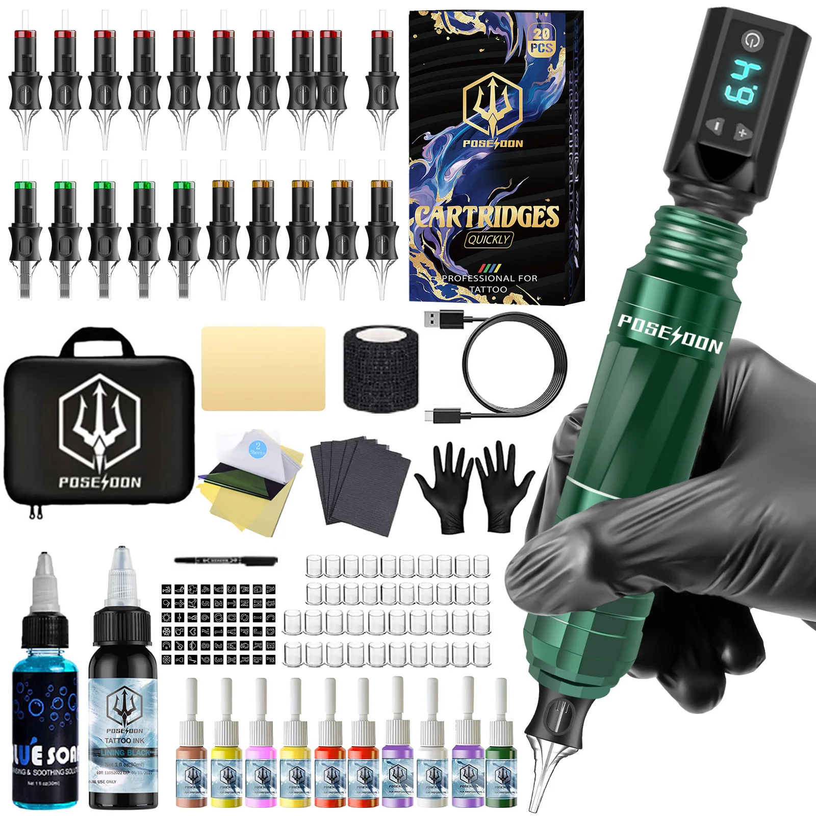 Tattoo Kit POSEIDON V5 Green Tattoo Pen Kit For Permanent Makeup Tattoo Machine Kit Good Quality Tattoo Power Supply Tattoo Gun