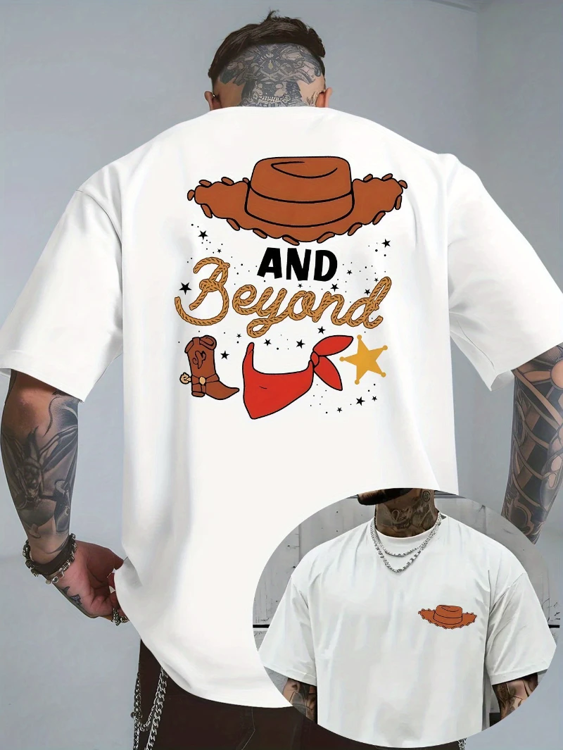 Camiseta oficial de Disney Toy Story Buzz Lightyear con patrón de nave espacial para hombre, sombrero de vaquero Retro, Top informal de verano con estampado marrón