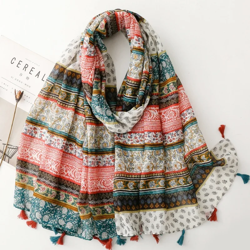 

2025 Fashion Luxury Women Viscose Scarf Floral Designer Shawl Print Cotton Linen Feeling Tassel Muslim Hijab Wrap Turban
