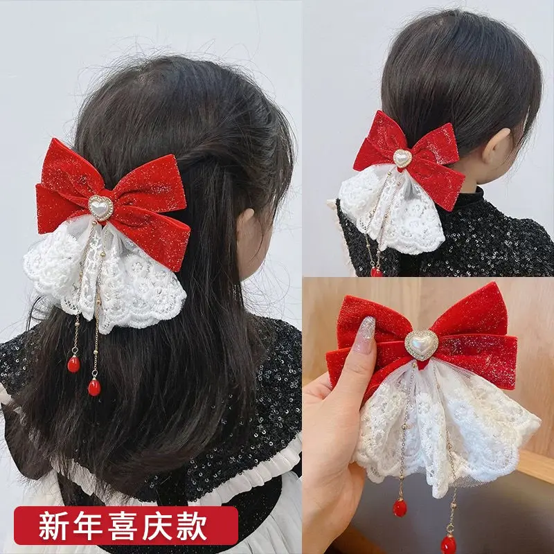 الأطفال السنة الجديدة الشريط المخملية دبابيس الشعر الفتيات إكسسوارات الشعر لطيف الأحمر الطفل القوس الكبير مقاطع الشعر كريستال جديد أغطية الرأس #3