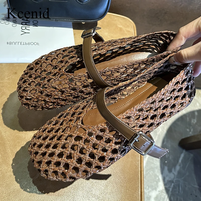 

Kcenid/женские сандалии на плоской подошве с круглым носком, повседневные дышащие балетки с полым дизайном, модные туфли Мэри Джейн ручной работы на плоской подошве, размер 43