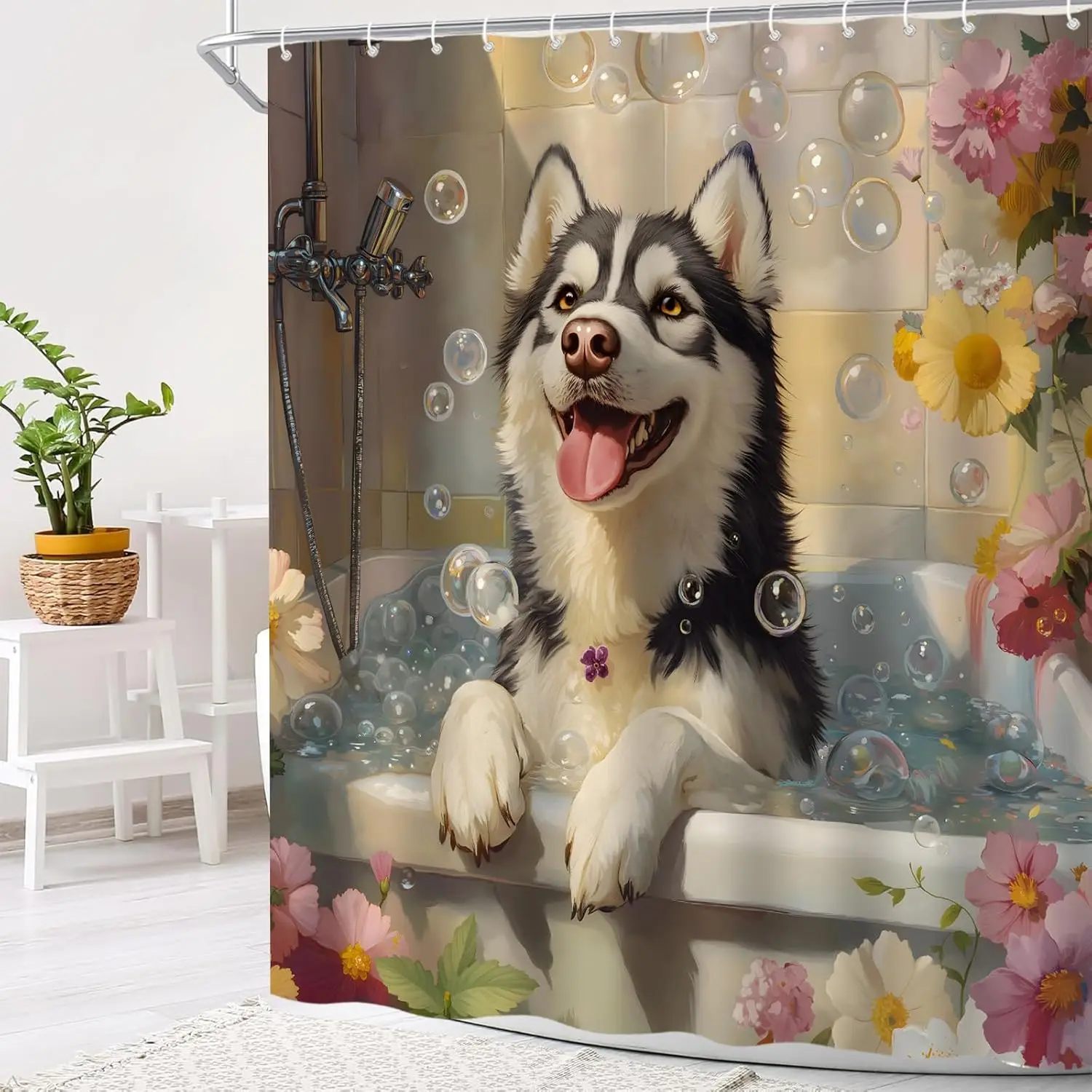 

Funny Dog Shower Curtain Cute Husky in The Bathtub Bubbles Floral Hilarious Puppy Pet Animal Art Bath Curtain with Hooks
