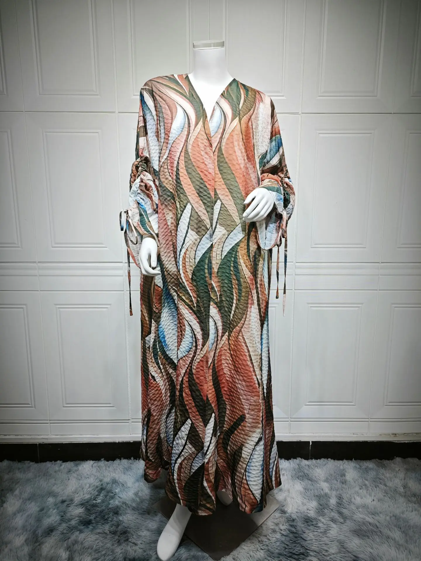 Cardigan de dubaï en coton et lin imprimé, ouvert, manchette Abaya du moyen-orient, cordon de serrage, Robe musulmane pour femmes