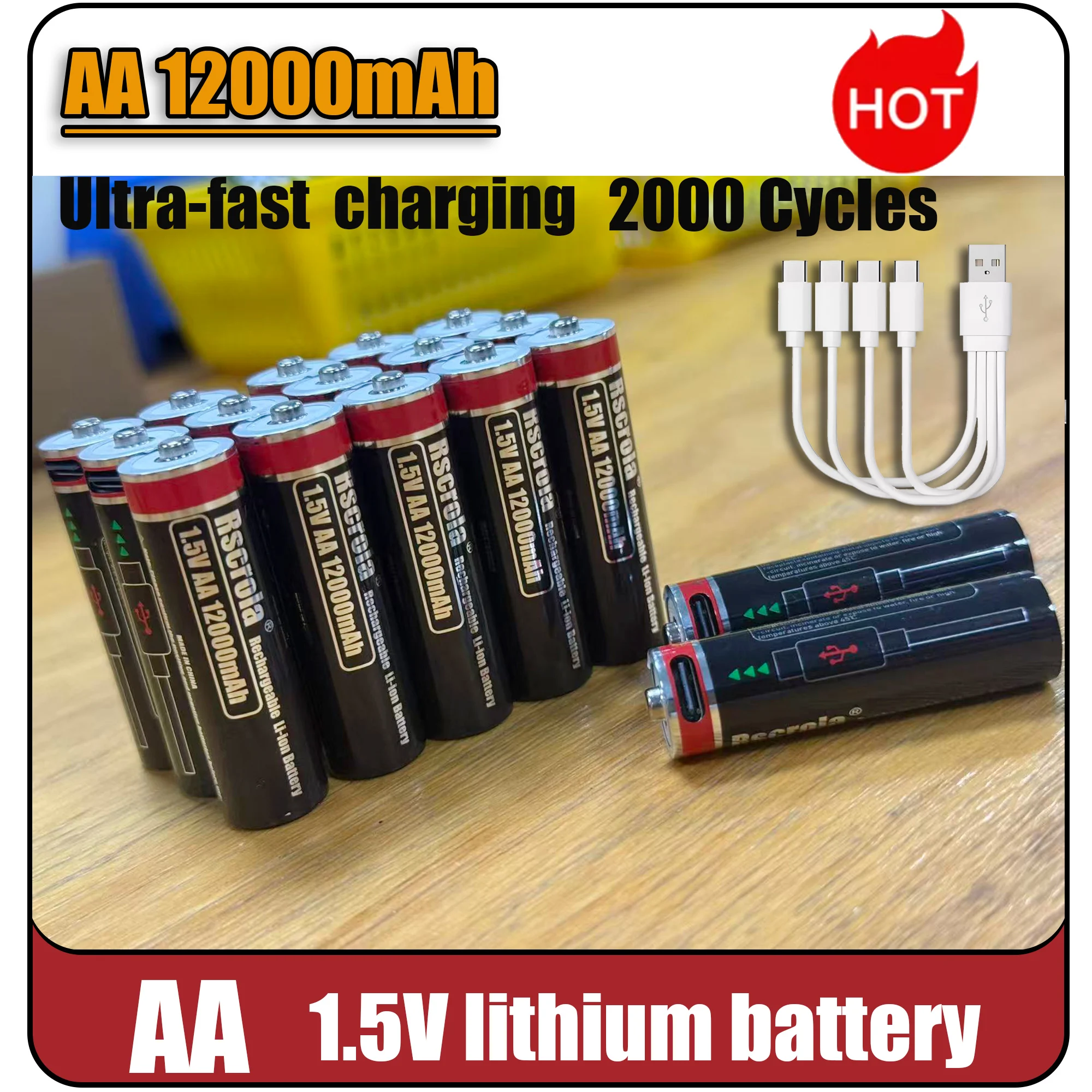 Hot 1.5v AA Li-Ion Battery,Rechargeable 12000mAh 1.5v Battery Long Lasting power for Camera,VR controller,Game Contorller,Toys