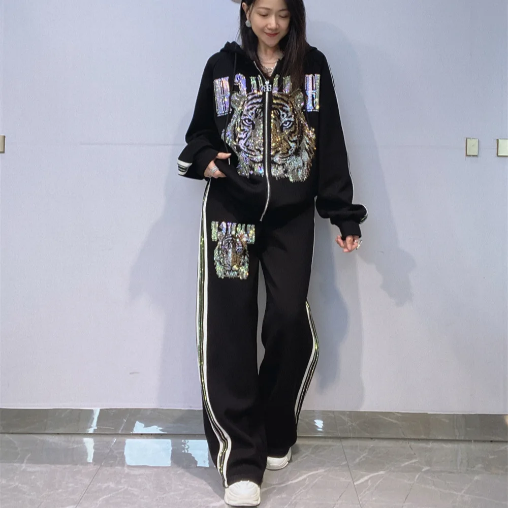 Cartoon Diamonds Oversized 2 Piece Sets Womens Outfits Autumn Black Tracksuit Casual Hooded Zipper Cardigan Top and Pant Suits