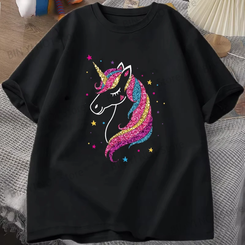 Funny Glitter Unicorn Print Short Sleeve Unicorn Birthday T-Shirt Women Casual Shirts Summer Women's Men's Crew Neck T-shirts