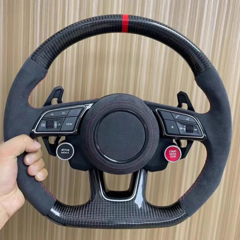 For Audi A4 RS3 A3 A6 A5 R8 TT Q5 A7 RS6 Carbon Fiber White Stitch Compatible Sports Suede Leather Racing Steering Wheel