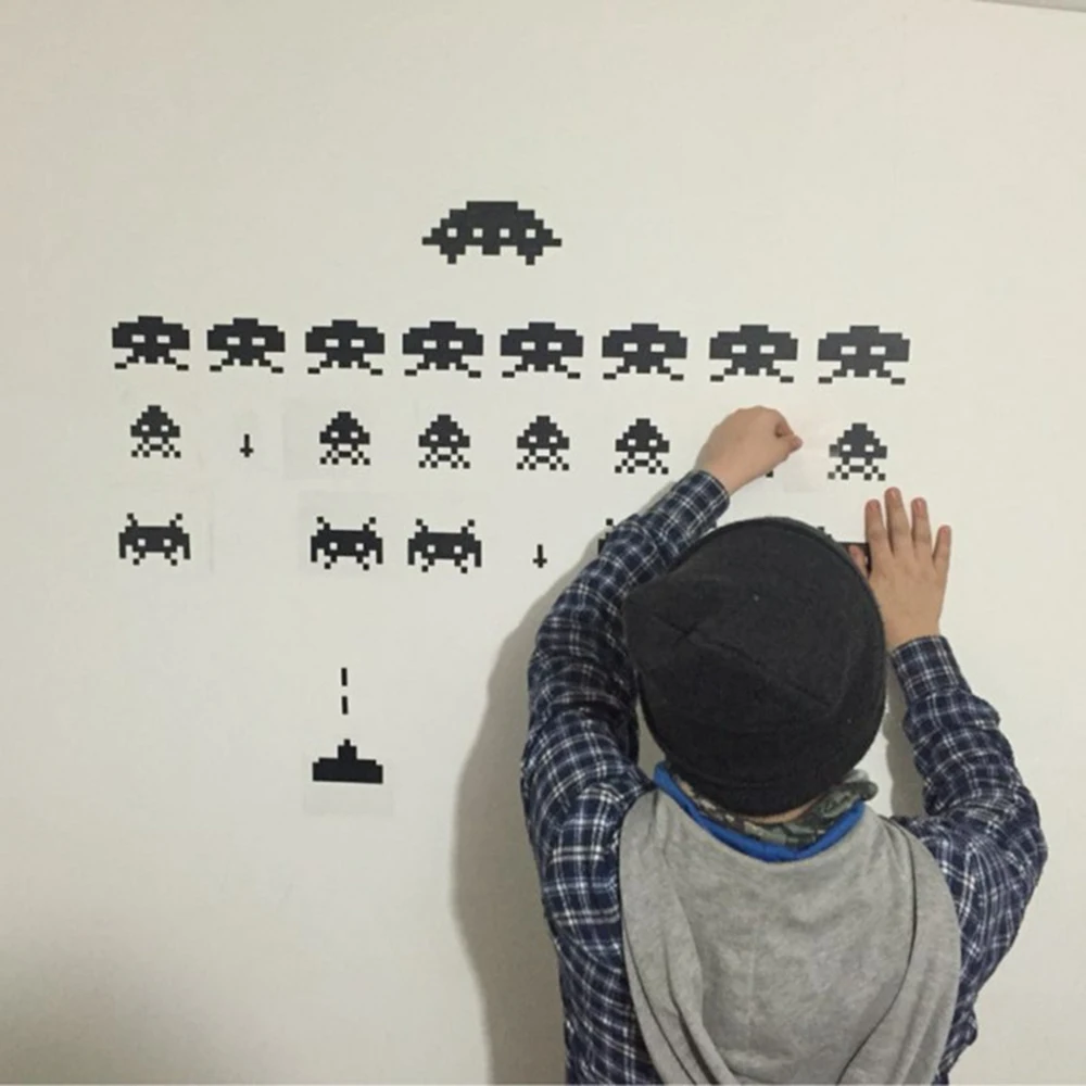 Gamer Vinyl Stickers Space Invaders Video Game Play Room Kikd Boys Wall Decal Removable YT6923