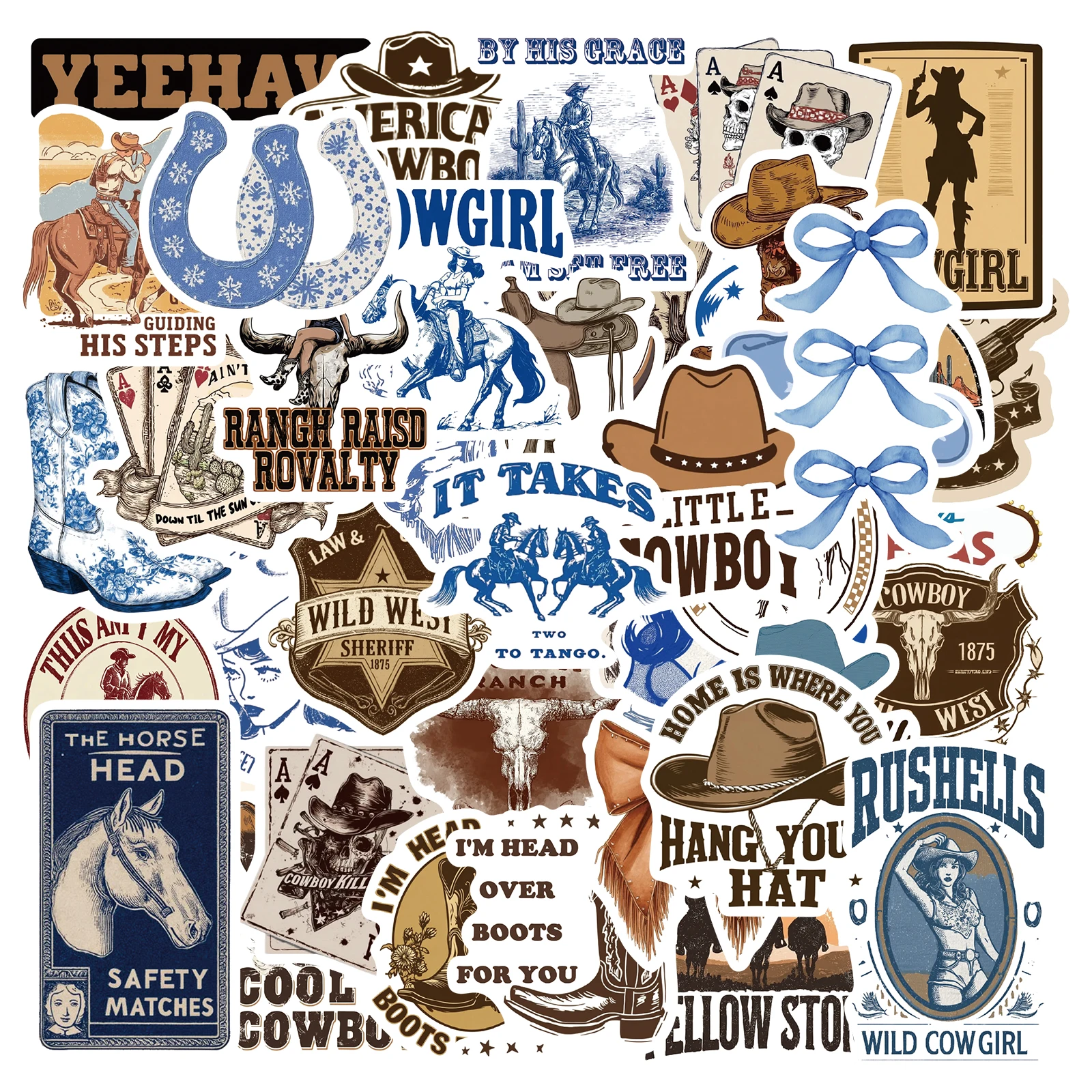 50pcs Blue Brown Cowboy Aesthetics Retro Graffiti Stickers Phone Guitar Laptop Suitcase Waterproof Sticker Kids Girls Toy