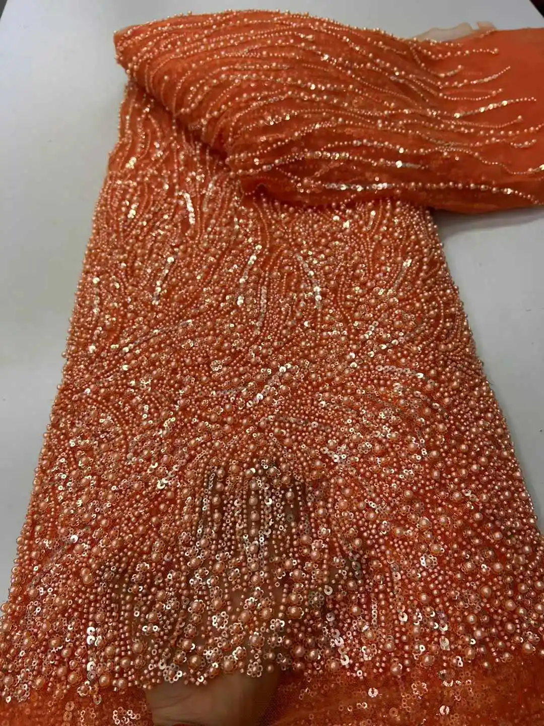 Linda lantejoulas nigerianas festa renda contas africanas tecido de renda 2025 alta qualidade 5 jardas tecido de renda líquida de tule francês africano