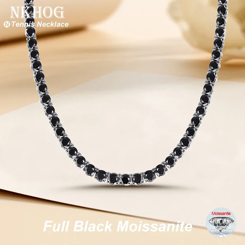 NKHOG 3/4/5/6.5mm Full Black Moissanite Tennis Necklace for Women Men 925 Sterling Silver Neck Chain Pass Diamond Test Jewelry