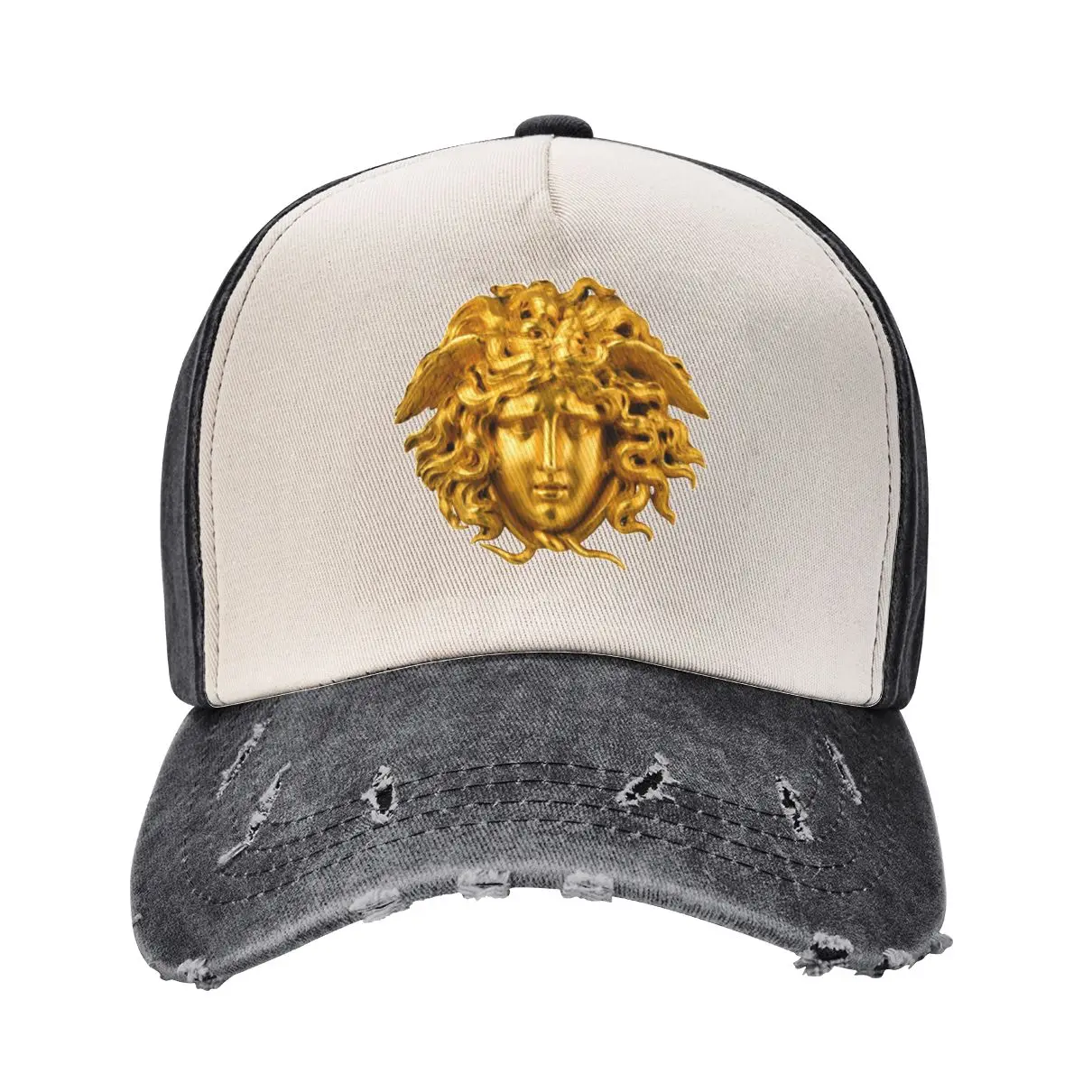 Elegant And Chic French Golden Haired Baseball Cap Accessories Vintage Distressed Denim Mythological Greek Medusa Dad Hat Unisex