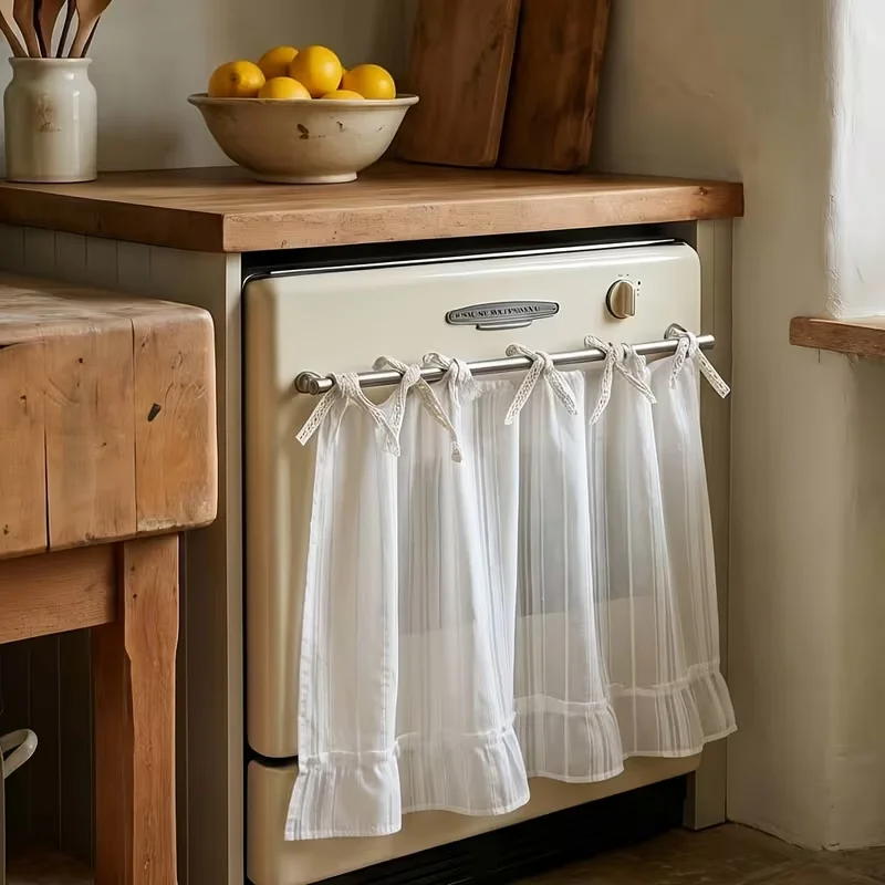 1PC Farmhouse Kitchen Curtain Skirt, Ruffle Appliance Cover with Ribbon Tie, Oven Dishwasher Cabinet Curtain for Rustic Home