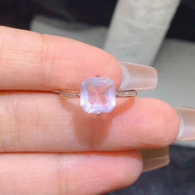 Natural Rose Quartz Ring 8mm*8mm 2ct classic Rose Quartz Silver Jewelry 925 Sterling Silver Gemstone Jewelry with Gold Plating