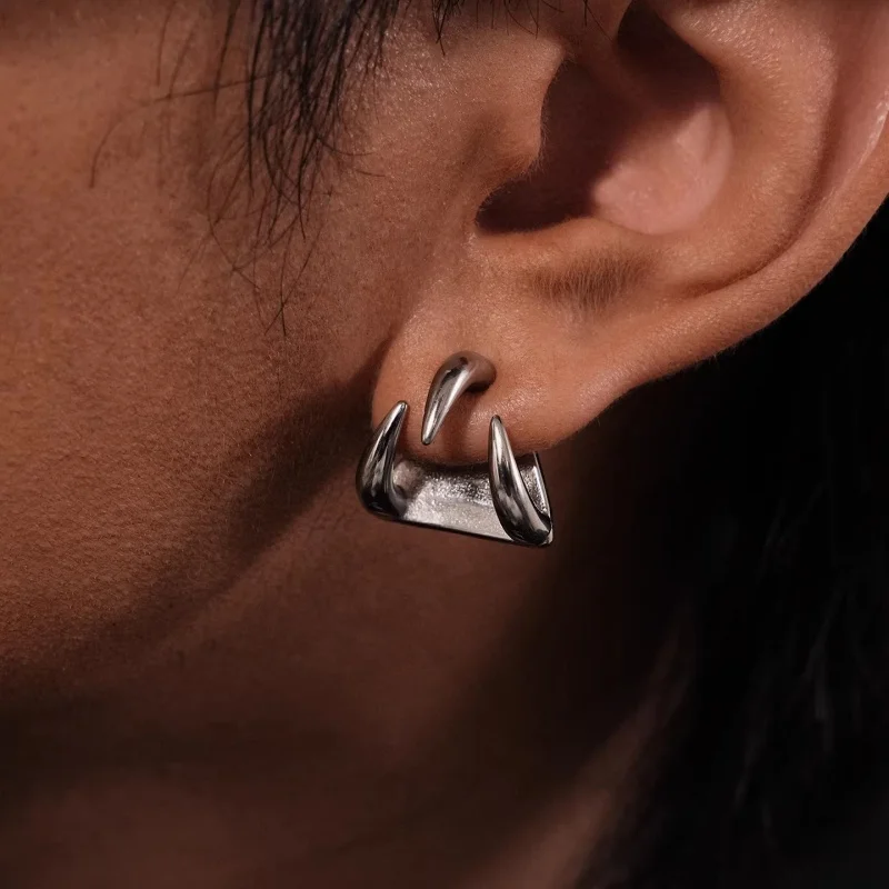 Rascal Handsome Alien Metal Devil Claw Dog Teeth Straight Needles Triangle Earrings for Men&Women Students Trendy Cool Earrings