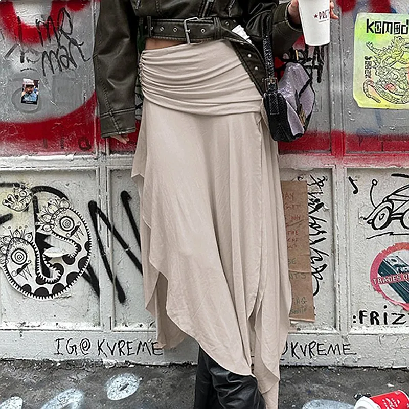 Irregular Slit Midi Skirt Women Wasteland Style Skirts High Waist Ruched Spring Summer