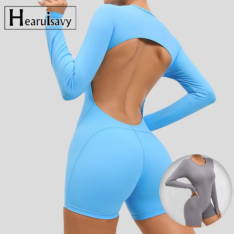 

Hearuisavy Long Sleeves Rompers Fitness Women Sports Bodysuits Yoga Clothing Workout One-Piece Suit Women Gym Jumpsuit Female