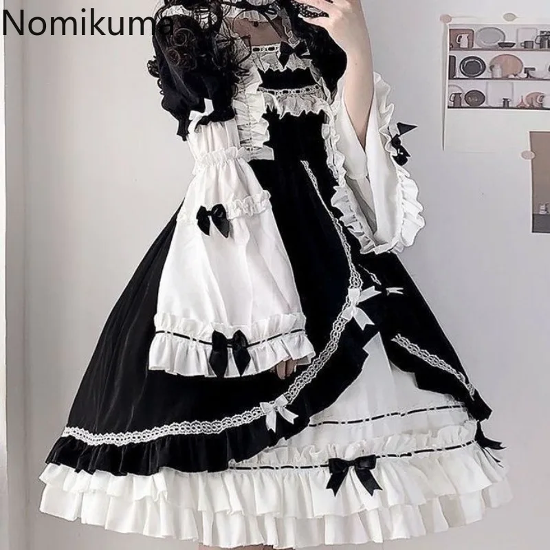 Japanese Woman Dresses Preppy Style Fashion Sweet Robe Femme Bow Lace Ruffles Big Swing Vintage Dress 2024 Vestidos De Mujer