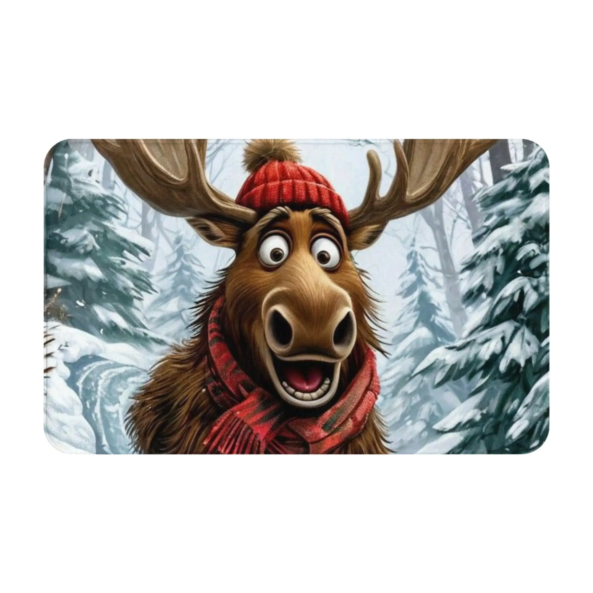 Excited Moose Sliding Down Snowy Hill Anti-Slip Doormat Bedroom Mat  Indoor PatternHomeDecor