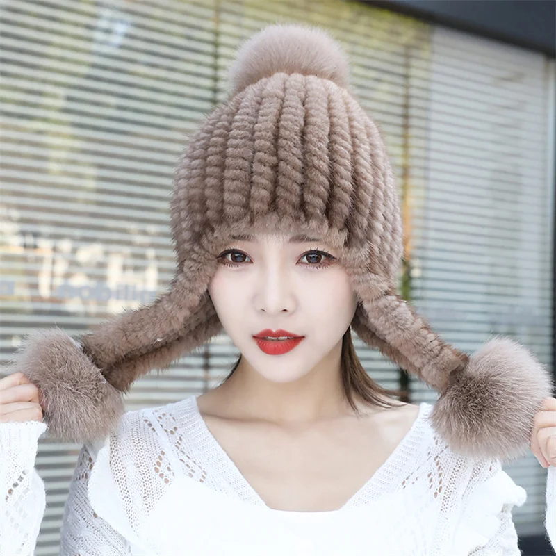 

Real Mink Hat 2023 New Women's Hat Knitted Natural Mink Bonnet Winter Windproof Snow Protection Premium Fiuffy Mink Bonnet