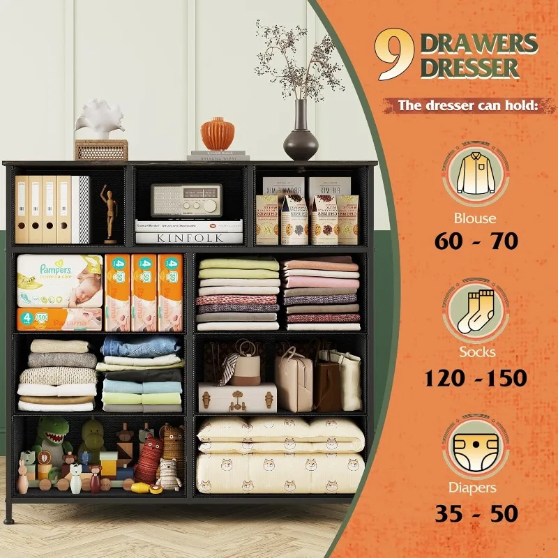 خزانة قماش مع 9 أدراج، برج تخزين طويل لغرفة النوم، المدخل، الخزانة، وحدة تنظيم الصدر مع صناديق قماش، فولاذ