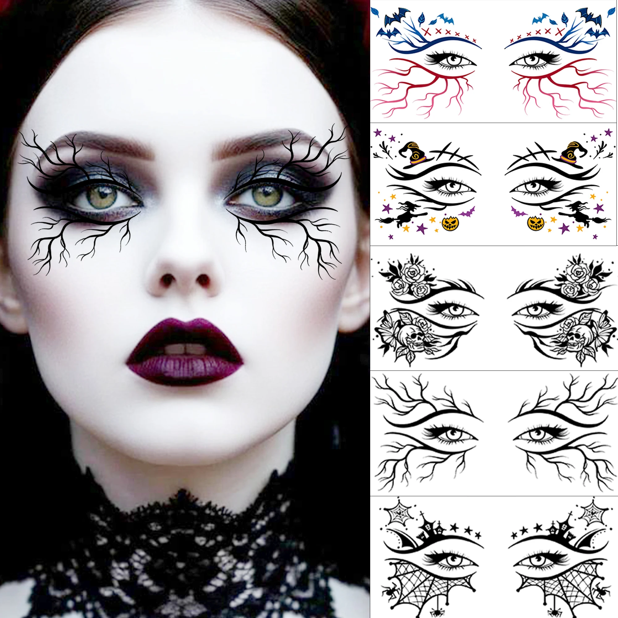 1 Sheet Halloween Eye Makeup Temporary Tattoo Sticker, Scary Blood Vessel Spiderweb Witch Fake Tattoo Waterproof Durable Sticker