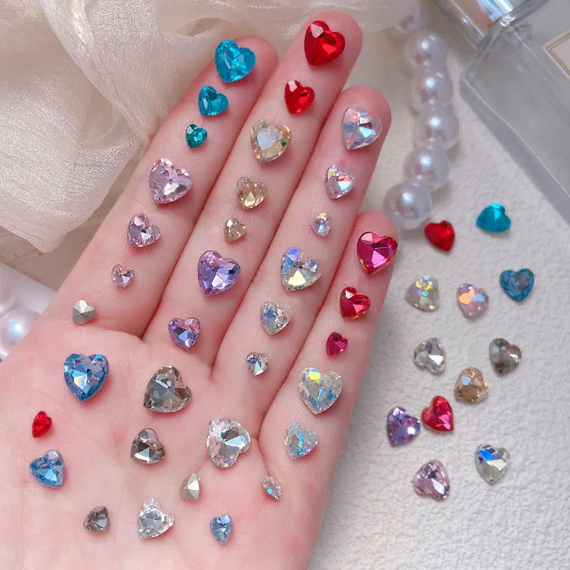 30PCS Various Sizes Super Sparkling Colorful Sharp Bottom Crystal Heart Nail Art Rhinestones Decorations Manicure Ornaments