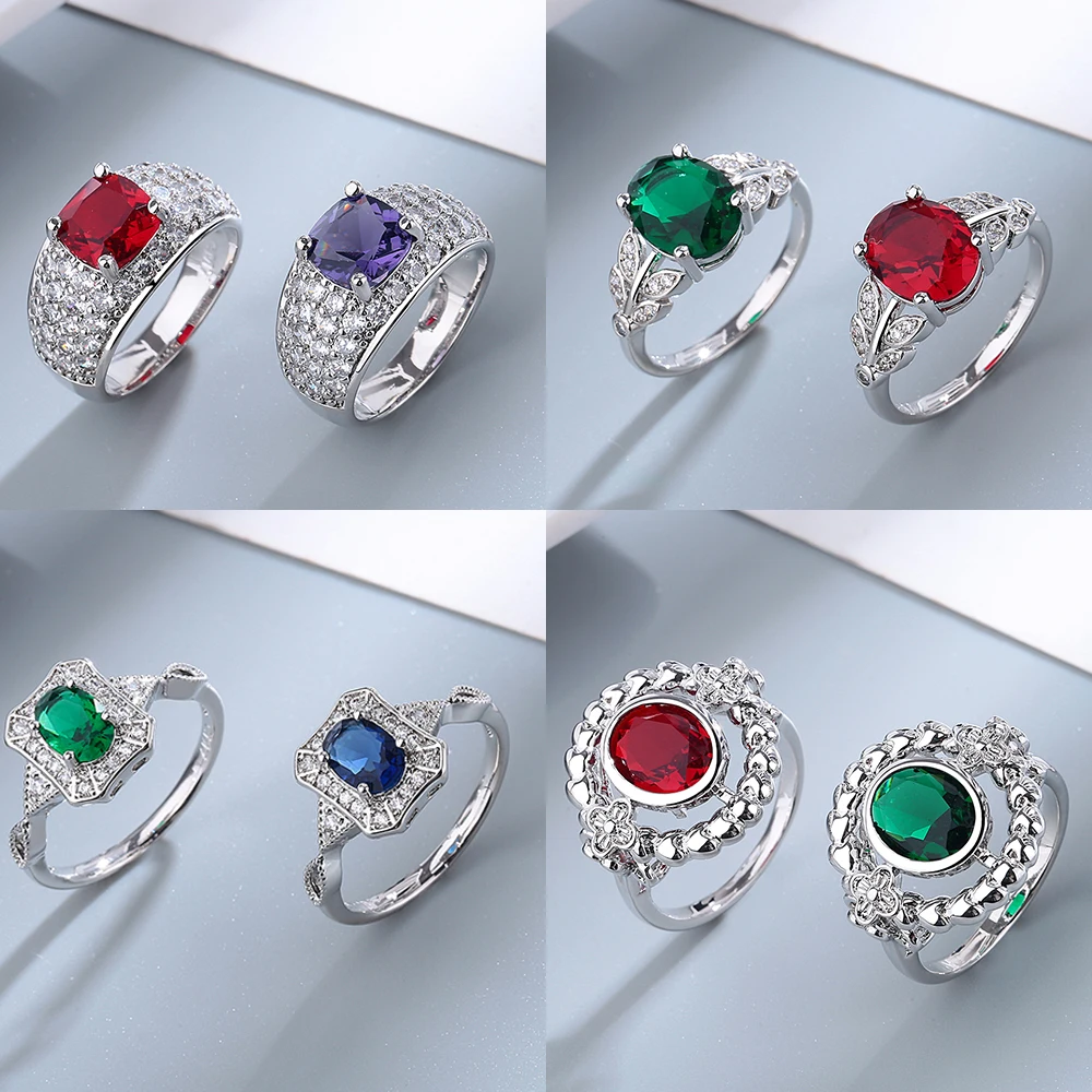 Emeral Sapphire Ruby Color Gemstone Ring 925 Sterling Silver Rings Simple Style Silver Hand Jewelry For Women