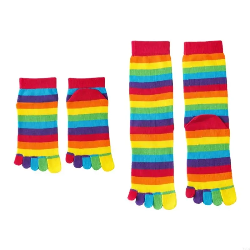 

W0YA Winter Fall Breathable Middle Tube Socks for Women Harajuku Rainbow Striped Toe Separator Five Finger Athletic Socks