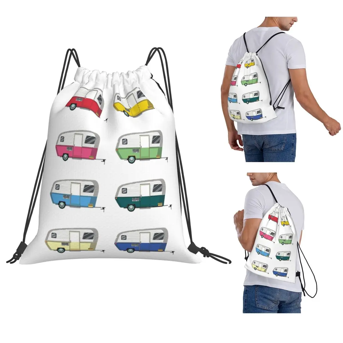 Colourful Vintage Eriba Puck Caravan Daisy Backpacks Casual Drawstring Bags Storage Bag Book Bags for Man Woman School