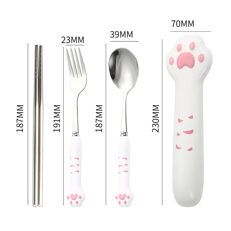 Dinnerware Tableware Silverware Lunch Portable Tableware Cute Cat Paw Cutlery Set Stainless Steel Fork Spoon With Storage Box