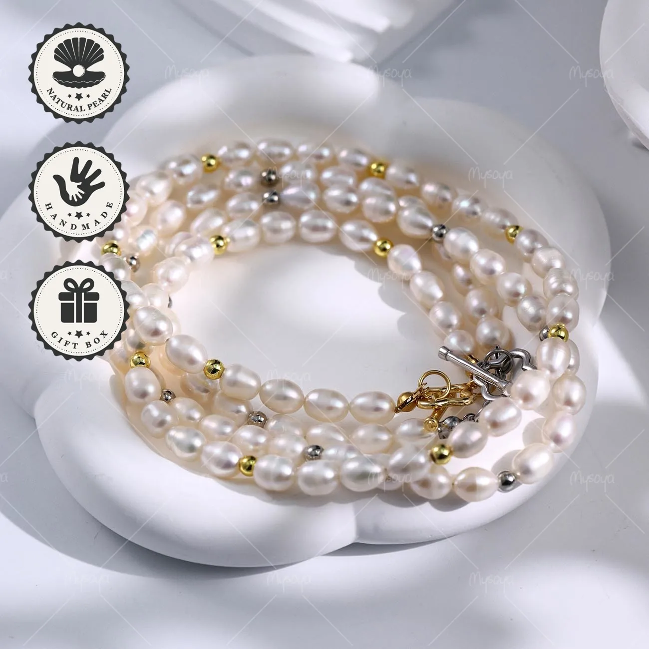 

Mysoya White Rice-Shaped Freshwater Pearl Necklace 6–7mm Golden/Silvery Clover OT Clasp With Gift Box Valentine’s Day Birthday