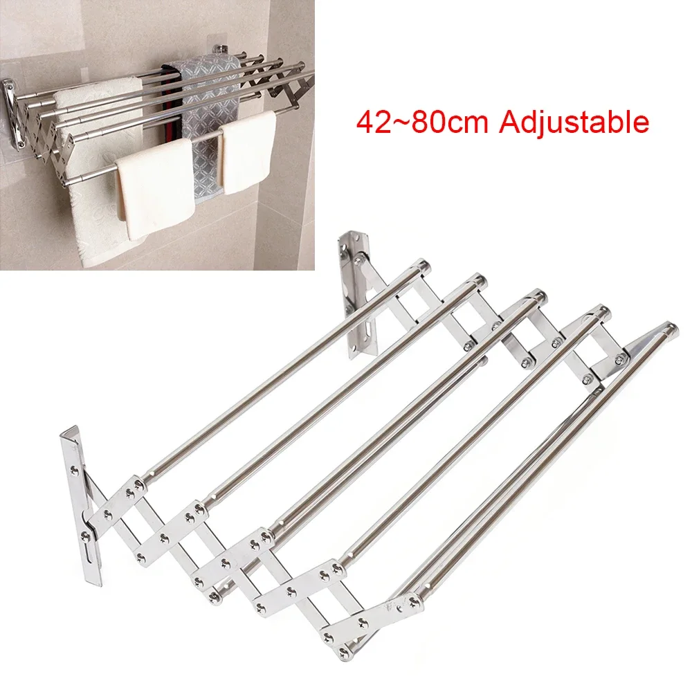 Wall Mounted Retractable Towel Rack Adjustable Length 42-80cm Stainless Steel Drying Rack for Bathroom Clothes Hanging