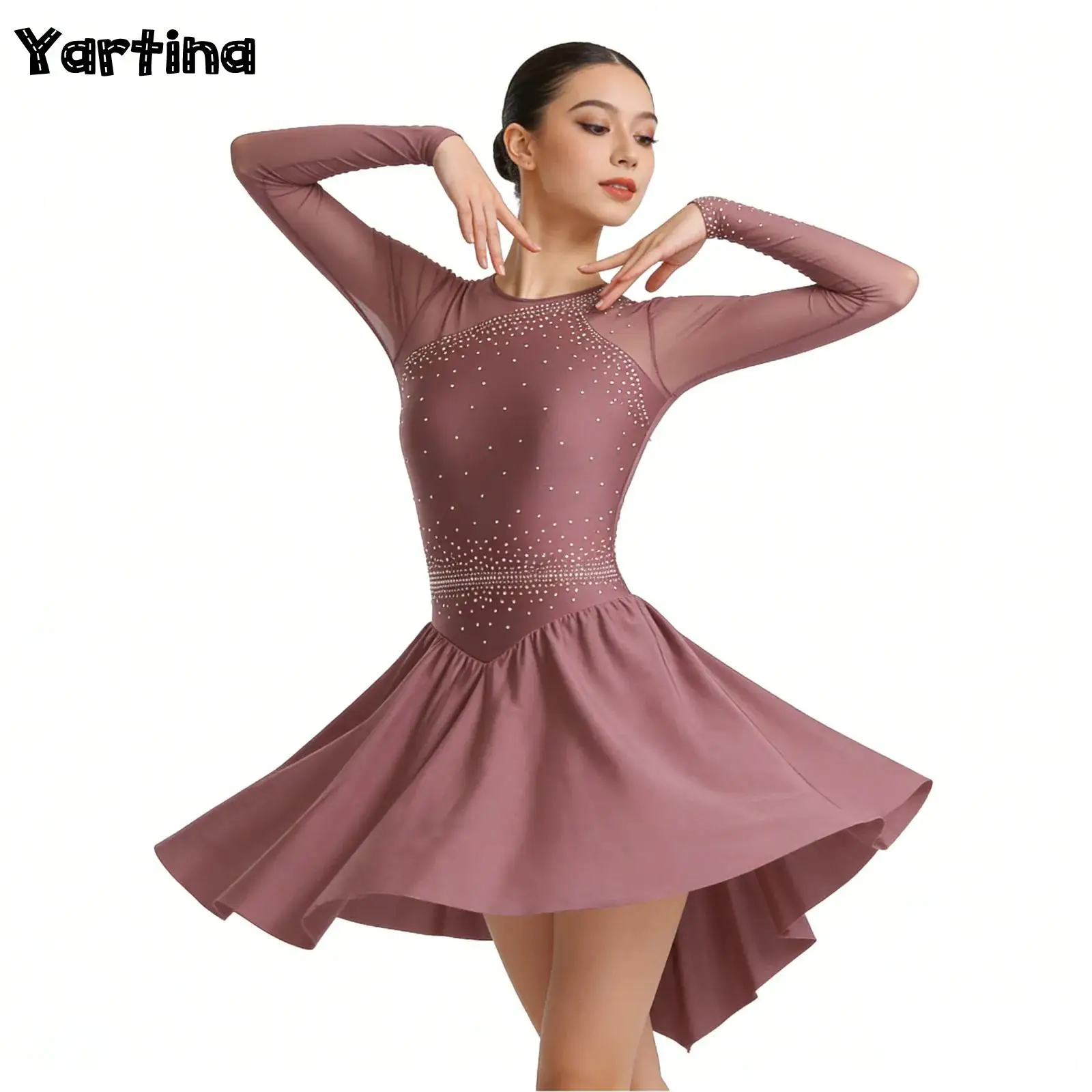 

Женское блестящее платье для фигурного катания, балета и лирического танца с длинными рукавами, асимметричным подолом и вставками из прозрачной сетки, украшенное стразами