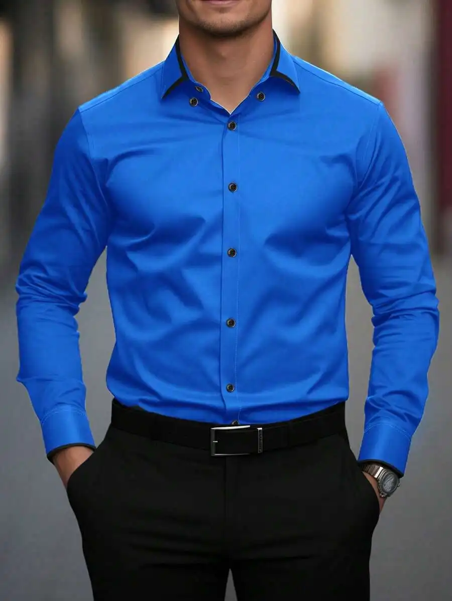 Mens Solid Color Minimalist Long Sleeve Dress Shirt