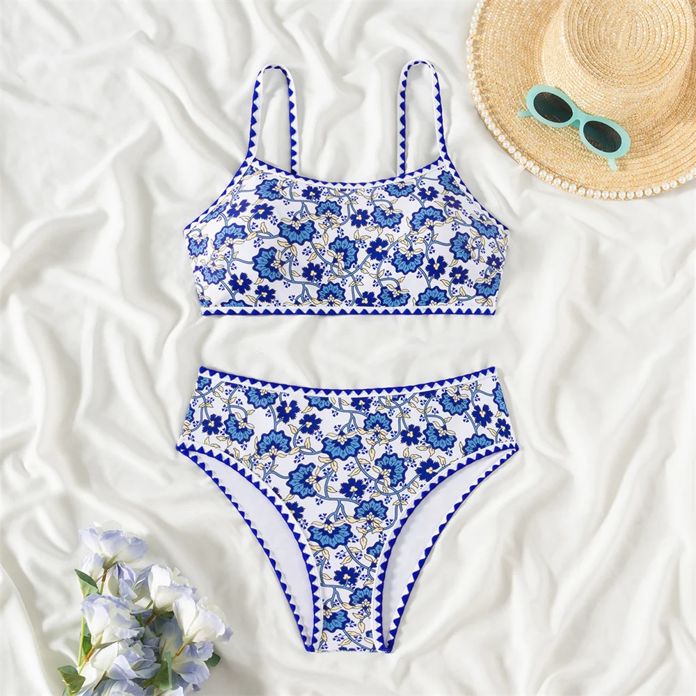 

Vintage Print Sling Bikini Drawstring Backless Swimsuit Scalloped Border Vacation Swimwears Women Bathing Suit Biquini Beach Set