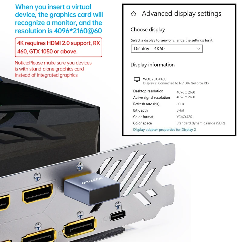 HDMI 더미 플러그 헤드리스 고스트 디스플레이 어댑터, 가상 디스플레이 에뮬레이터, 지지대 4K, 60Hz, 1080P, 120Hz, EDID 모니터 에뮬레이터