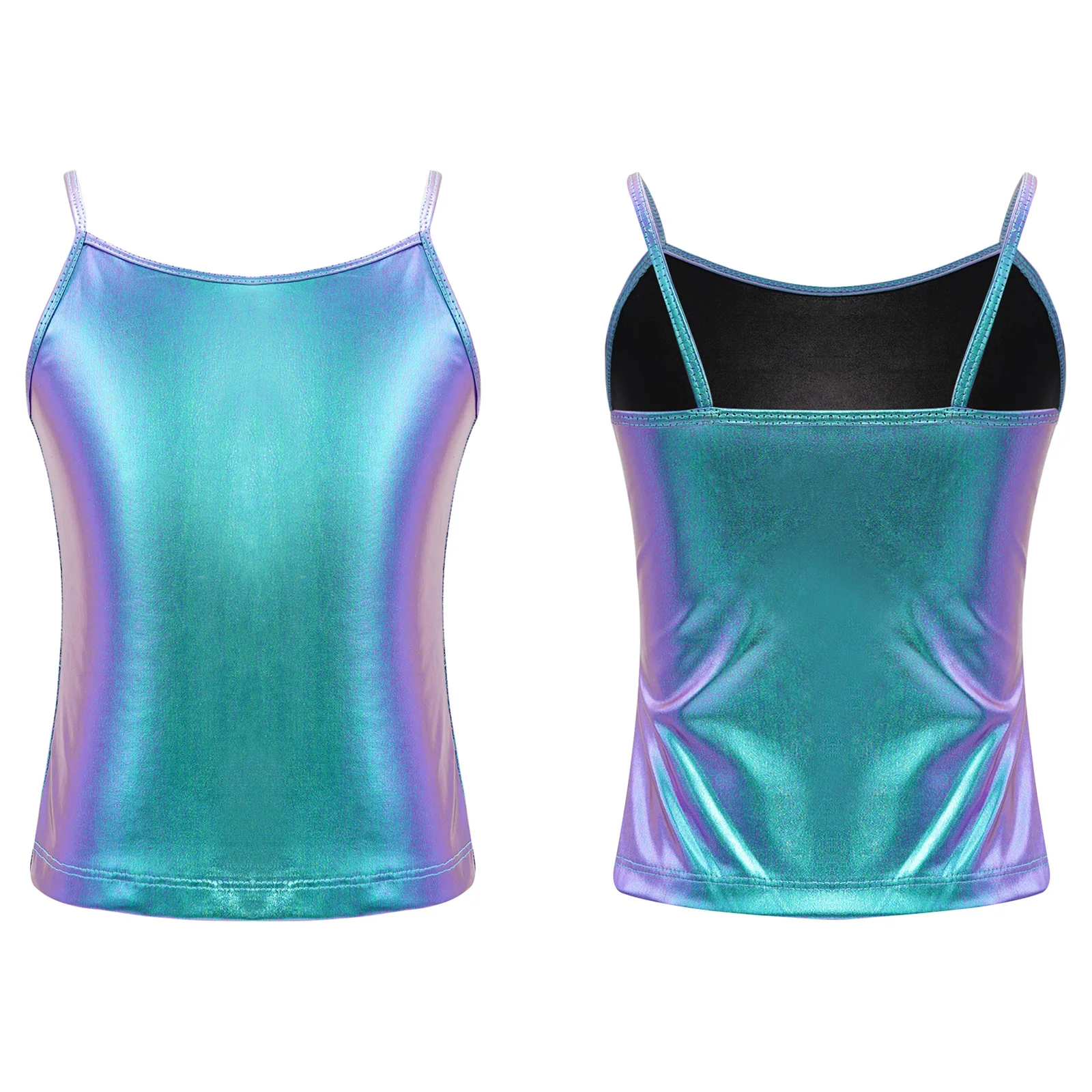 Kids Girls Shiny Metallic Dance Tank Tops Spaghetti Shoulder Straps Stage Performance Dancewear Gymanastics Ballet Camisole Tops