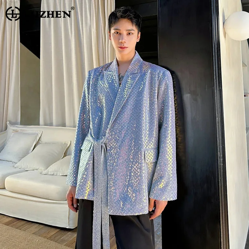 LUZHEN Glossy Nightclub Style Stage Outfit Suit Jacket High Street Trendy Personalized Ribbon Splicing Design Blazer Male LZ5101