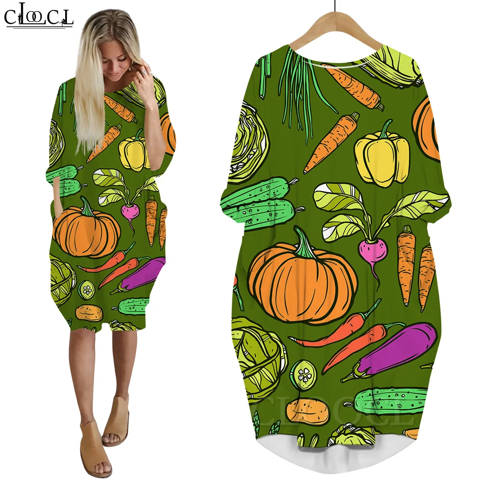 CLOOCL Women Long Sleeve Dresses Harajuku Thanksgiving Clothing Pumpkin Pepper Beet Carrot Graphic 3D Printing Vegetables Dress