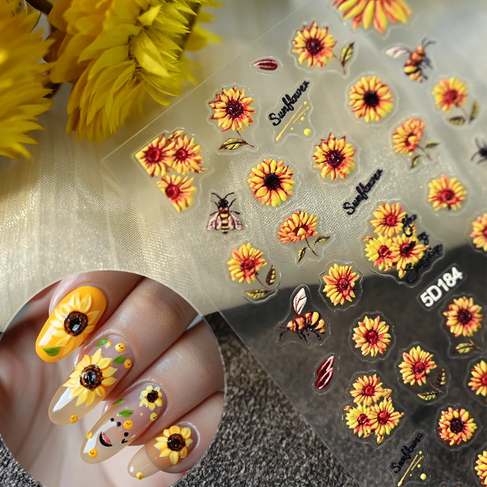 5D Sunflower Nail Stickers Blossom Flowers Oil Painting Nail Art Adhesive Sliders Decals Foils Sliders Decorations for Manicure