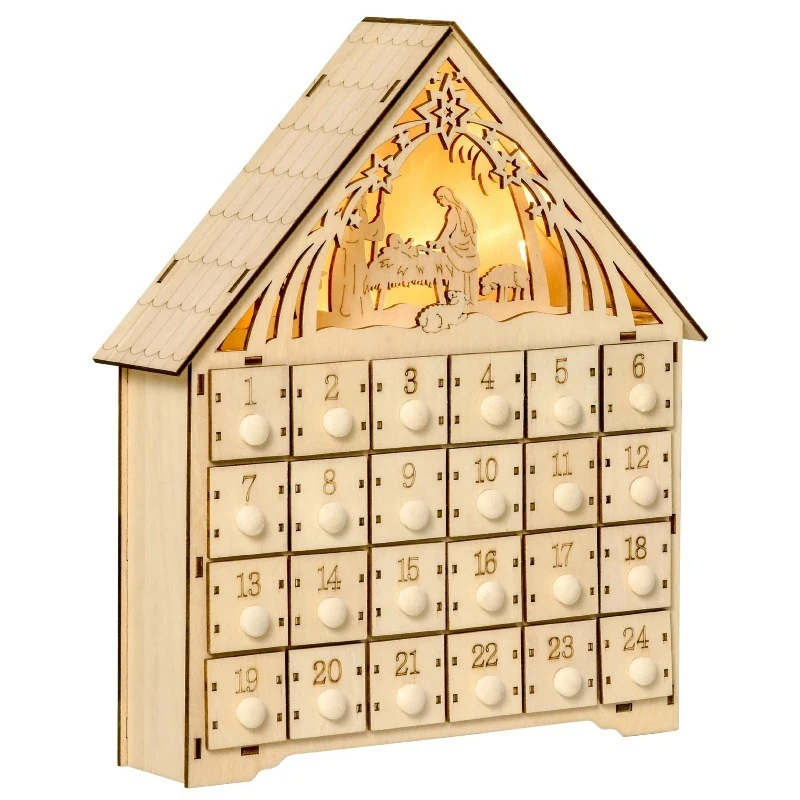 

Wooden advent calendar with 24 drawers, Christmas decorations, engraved nativity scenes and lights, 26.6x6x30cm