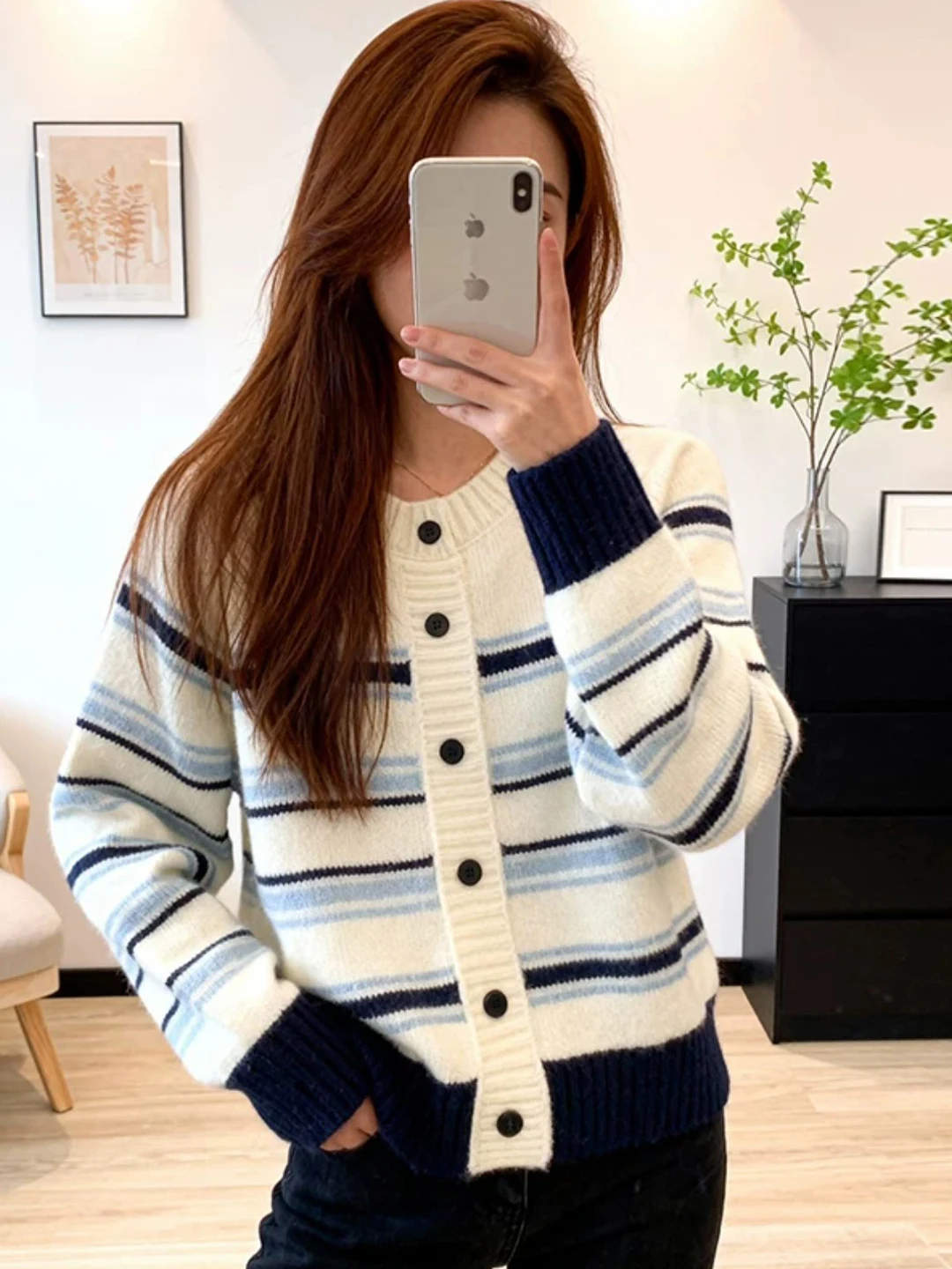 Women's Loose Knitted Open Cardigan Soft Cozy Striped Sweater Outerwear Casual Style Button Detail Polyester Fiber Long Sleeve
