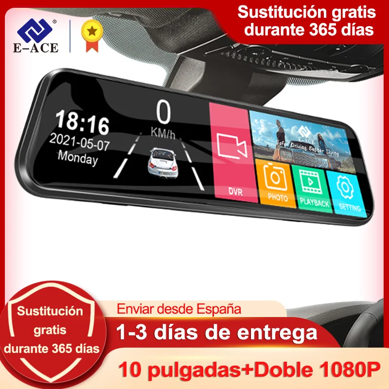 E-ACE grabadora de vídeo con espejo DVR para coche de 10 pulgadas, Dashcam con pantalla táctil de 1080P para coche, lente Dual, grabadora de conducción en Streaming, cámara de salpicadero