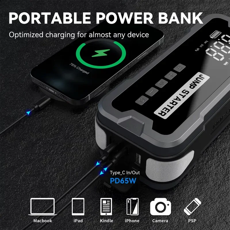 4000A peak 24000mAh emergency start power supply, built-in 150PSI air compressor and PD65W fast charging, suitable for 12.0L